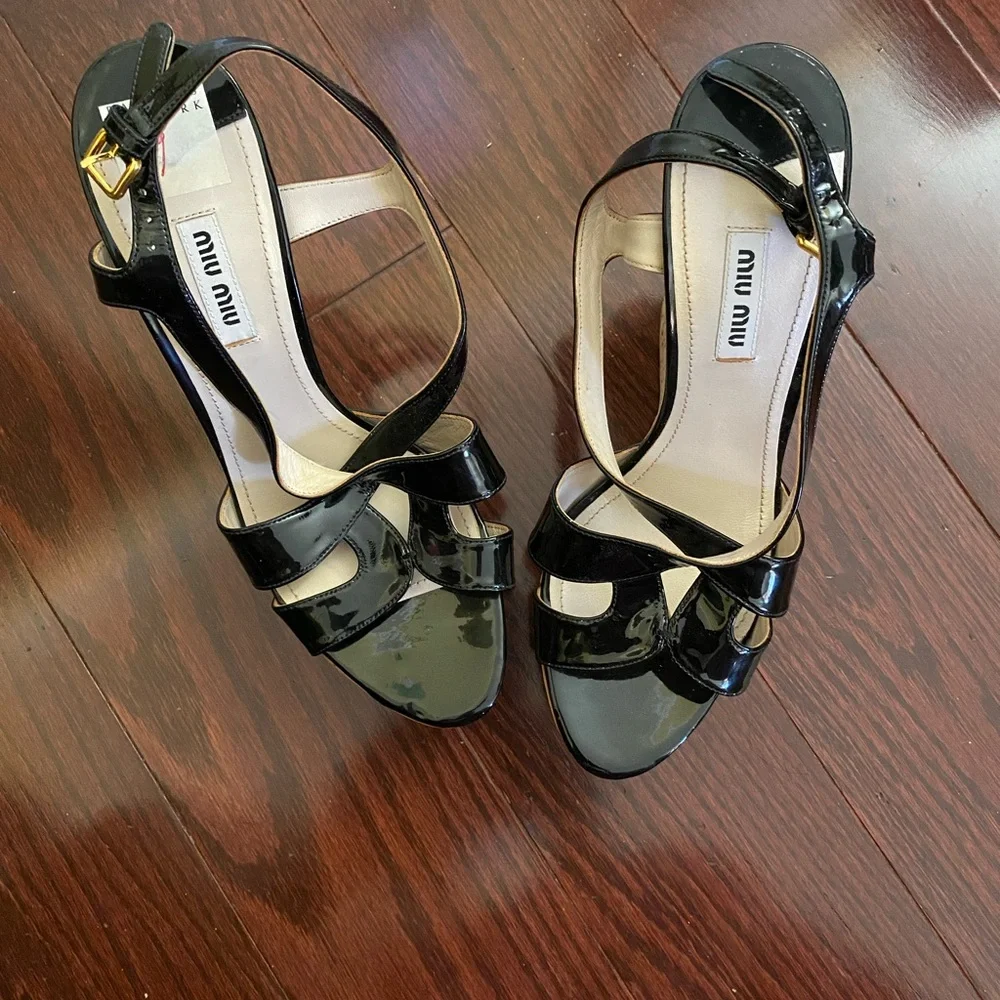 MUI MUI Black Patent Leather Wedge Cork Heel Sandals - Picture 3 of 14
